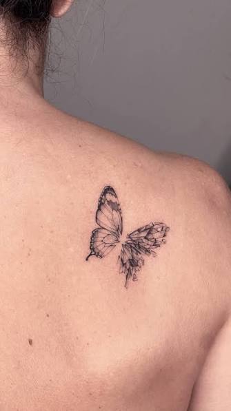 About this butterfly: she chose to have one side of the wings shattered because she broke her shoulder a few months ago and the tattoo is placed exactly on that shoulder., It’s a reminder that our ...