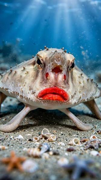 Now that's a photogenic fish! The red-lipped batfish is one of around 60  species of batfishes and have adapted to walk on the seafloor with modified  fins. They use a built-in fishing