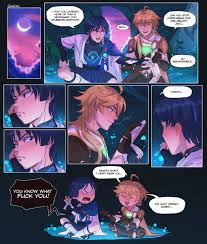 aether (genshin impact), scaramouche (genshin impact), wanderer (genshin  impact), genshin impact, absurdres, commentary, english commentary,  highres, 2boys, ahoge, anger vein, angry, black hair, blonde hair,  chalseud, closed eyes, comic, crossed legs ...