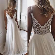 Deep V Neck Satin A Line Summer Beach Wedding Dresses Tulle Lace Applique Beaded Sw In 2020 Backless Lace Wedding Dress Wedding Dress Tulle Lace Backless Wedding Dress