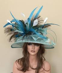 Turquoise Blue Green Peacock Feathers Wide Brim Kentucky Derby Etsy Peacock Green Peacock Feathers Custom Made Hats