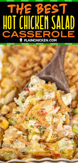 A chicken salad done louisiana style with a remoulade, tabasco sauce and a little cajun spice. The Best Hot Chicken Salad Seriously Delicious Chicken Casserole Baked Chicken Salad Loaded With Pim Hot Chicken Salads Yum Yum Chicken French Fried Onions