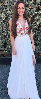 White prom dress with colorful flowers. Fashion V Neck White Chiffon Prom Dress With Embroidery Beautiful Strap Flower Chiffon Evening Dre Formal Prom Dresses Long Red Prom Dress Floral Prom Dresses