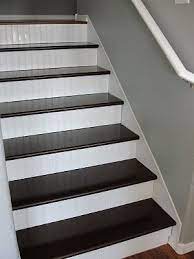 Basement Stair Idea High Gloss Stain On Treads In A Deep Color With White Wainscoting On The Risers For Beautiful Contra Stair Remodel House White Wainscoting