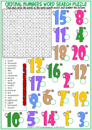 ordinal numbers esl printable word search puzzle worksheet