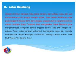 Namun, jika acara reuni dilangsungkan diluar sekolah, seperti di gedung, restoran, dan sebagainya, maka anda harus membuat surat permohonan izin tempat untuk melangsungkan acara reuni tersebut. Proposal Reuni Smpn 157