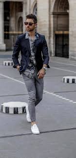 Black And White Attire Semi Formal Semi Formal Black Printed Shirt With Jacket And White Sneakers Casual Suit Look Formal Men Outfit Casual Suit Styles