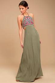 Little Beach Olive Green Embroidered Maxi Dress In 2020 Green Dress Casual Cute Maxi Dress Embroidered Maxi Dress