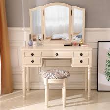 Zimtown Vanity Makeup Dressing Table Set W Stool 5 Drawer Tri Folding Mirror Jewelry Wood Desk Furniture Fluorescent Pink Walmart Com In 2020 Vanity Table Set Vanity Table Dressing Table Set