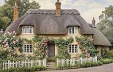 Thatched roof cottages with flowers surrounding them