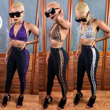 2019 2018 women sexy plaid print pants outfits set halter stretch v neck strap bra high waist slim long pant sports club two piece pants from