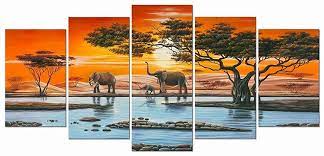 Wieco Art Elephant Family Modern 5 Panel Framed African Landscape Giclee Canvas Prints Artwork Anima Animal Wall Art African Landscape Wall Art Canvas Prints