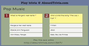These quizzes concern anything musical with something in common e.g. Trivia Quiz Pop Music