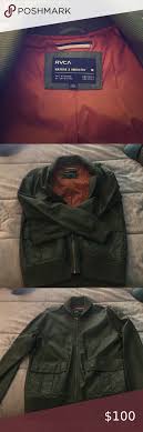 Rvca Green Faux Leather Jacket Nature X Industry Forest Green City Jacket With Orange Interior Two Front P Green Faux Leather Jacket Leather Jacket Rvca Jacket Va all the way embroidery at left sleeve.