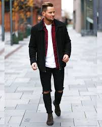 Black Jeans And Dark Brown Boots Busy Days Call For A Simple Yet Stylish Outfit Such As A Black Suede Bomber And Black Ripped Skinny Jeans Dar Mens Outfits Winter Outfits Men White Jeans Men