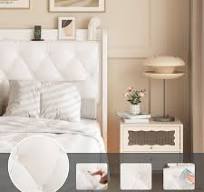 Vabches Bingkai tempat tidur Ratu mengambang dengan lampu LED berlapis kain  kulit PU Platform tempat tidur bingkai dengan penyimpanan Headboard Power  ...