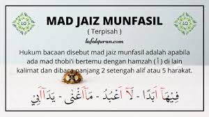 Mad jaiz munfasil (مد جائز منفصل) secara bahasanya bermaksud boleh berpisah kerana, berbeza dengan mad wajib muttasil, mad ini berlaku apabila ada mad tabi'e bertemu dengan hamzah (ء) tetapi hamzah itu berbeza perkataan. Mad Jaiz Munfasil Arti Hukum Bacaan Dan Contohnya