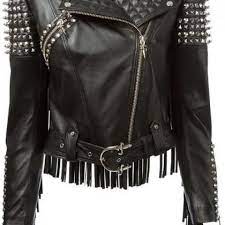 Women Black Color Biker Genuine Leather Jacket Fringes Long Spiked Silver Studs Genuine Leather Jackets Studded Leather Jacket Leather Jacket