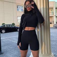 Long Sleeve Black Tracksuit Clothes Casual Biker Shorts 2 Two Piece Set Women Crop Top Elastic Streetwear Mujer Tops Sports Sets Fashion Autumn Fashion Women Short Outfits