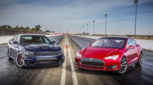 Wallpaper 2015 Dodge Charger Srt Blue And Tesla Model S P85d Red Cars 1920x1440 Hd Picture Image