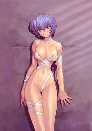 bandage blue hair breasts female hair medium breasts mogudan neon  genesis evangelion red eyes rei ayanami scan short hair solo 