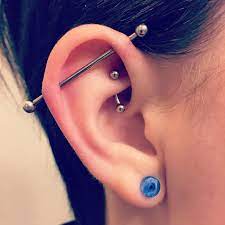 Healed Rook And Fresh Scaffold Industrial Piercings By Me Piercing Ear Helix Cartilage Piercing Ear Piercings Rook Piercings