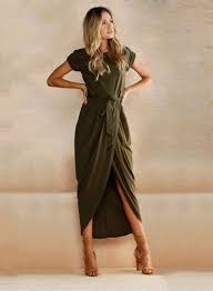 Short Sleeve High Slit Solid Maxi Dress With Belt Outfits