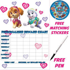 paw patrol reusable personalised reward chart with matching