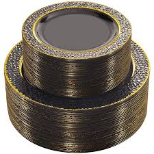 Black And Gold Plastic Plates Amazon Com Nervure Plastic Plates Black With Gold Rim Design Disposable Wedding Party Plastic Plates Include 51 Plastic Plates Gold Plastic Plates Gold Rims