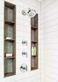 Tall Shower Niches Blue Brown And Subway Tile Farmhouse Master Bathroom Bathroom Remodel Master House Bathroom