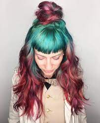 I M In Love With This Turquoise To Burgundy Hair Color Unicorn Tribe Artist Tonibishh Burgundy Hair Green Hair Hair Styles