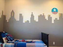 Superhero Kids Room For Boys Cityscape Wall Benjamin Moore Edgecomb Gray Paint Color Wall Home Depot Elephant Skin Boy Room Superhero Room Bedroom Flooring