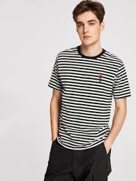 Black And White Striped Long Sleeve T Shirt Mens Men Rose Embroidered Striped Tee Shein Mens Tshirts Black And White Man Shirts