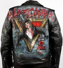 Win An Alice Cooper Fanpack Plus Leather Jacket Painted By Danielle Vergne Custom Leather Jackets Painted Leather Jacket Leather Jacket