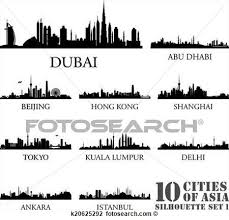 Black And White Skyline Clipart Set Of Skyline Cities Silhouettes 10 Cities Of Asia 1 Clipart K20625292 City Silhouette City Skyline Silhouette Skyline Silhouette