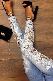 To bleach colored items, it's important to check their colorfastness to bleach first, and you can do this easily with this simple bleachability test: Hollow Out Lace Tight Jeans Pants Trousers Diy Clothes Alterations Diy Fashion Lace Jeans