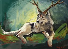 Wolf With Antlers Deer By Naokohoma On Deviantart Wolf Spirit Animal Dog Art Mythical Creatures Art