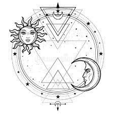 Mystical Drawing Sun And Moon With Human Faces A Star Circle The Place For The Text Sacred Geometry Vect Sun And Moon Drawings Circle Drawing Moon Drawing