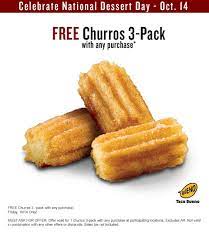 Pinned October 14th 3 Pack Churros Free With Any Purchase Today At Tacobueno Restaurants Thecouponsapp National Dessert Day Shopping Coupons Food