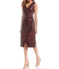 Antonio Melani Luxury Collection Esther Genuine Leather Asymmetrical Snap Front Tie Waist Midi Dress