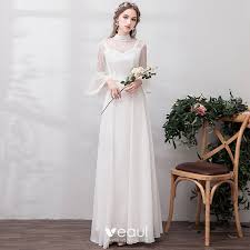Im einem brautkleid schlicht chiffon fühlen sie sich von einem hauch aus seide gestreichelt. Schlicht Ivory Creme Chiffon Strand Brautkleider Hochzeitskleider 2019 A Linie Durchsichtige Stehkragen Glockenhulsen Geflecktes Tulle Lange