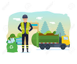 Immagini Stock - Il Lavoratore Raccoglie Spazzatura In Un Camion Di Rifiuti Per Portarlo Fuori Dalla Città. Pulizia Della Città. Rifiuti Domestici, Riciclaggio. Riciclaggio Di Rifiuti Industriali. Illustrazione Vettoriale Isolato In Stile