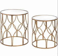 Pair of gold metal framed round coffee tables with reflective surfaces (mirror). Gold Round Tables