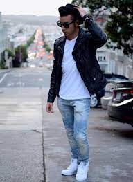 Men S Black Leather Biker Jacket White Crew Neck T Shirt Light Blue Jeans White High Top Sneakers Best Leather Jackets Mens Fashion Denim Blue Jeans Outfit Men