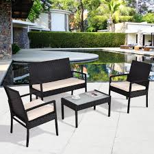 4 Pcs Outdoor Patio Furniture Set Table Chair Sofa Cushioned Seat Garden Outdoor Patio Furniture Sets Patio Furniture Sets Rattan Outdoor Furniture