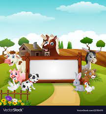Farm Animals With A Blank Sign Wood Royalty Free Vector Farm Animal Party Farm Animals Birthday Party Farm Animal Birthday