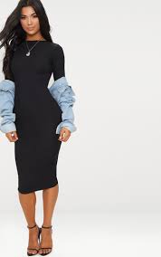 Basic Black Ribbed Long Sleeve Dress In 2020 Black Long Sleeve Midi Dress Ribbed Midi Dress Long Sleeve Midi
