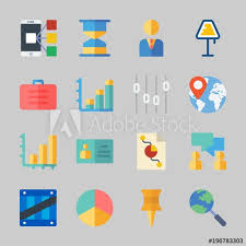 Icons About Business With Push Pin Bar Chart Manager Lamp