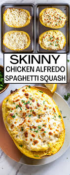 Skinny Chicken Alfredo Spaghetti Squash Low Carb Recipe In 2020 Easy Chicken Dinner Recipes Healthy Squash Recipes Easy Healthy Recipes