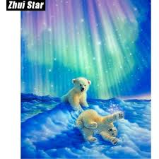 Baby Polar Bear Playing Northern Lights 5d Diy Paint By Diamond Kit Baby Polar Bears Cross Paintings Polar Bear